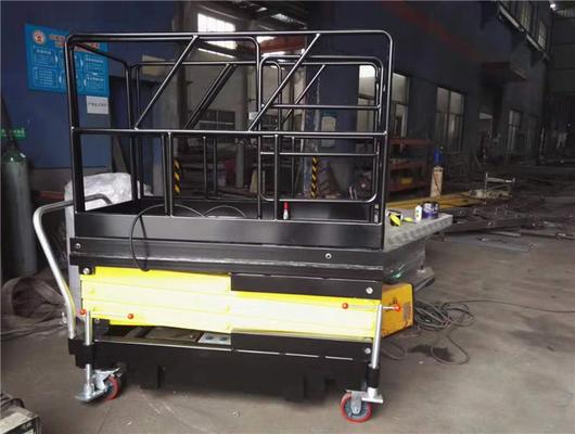 Manual Pull Handle Mobile Boom Lift Hydraulic Scissor Lifter With Full Handrail